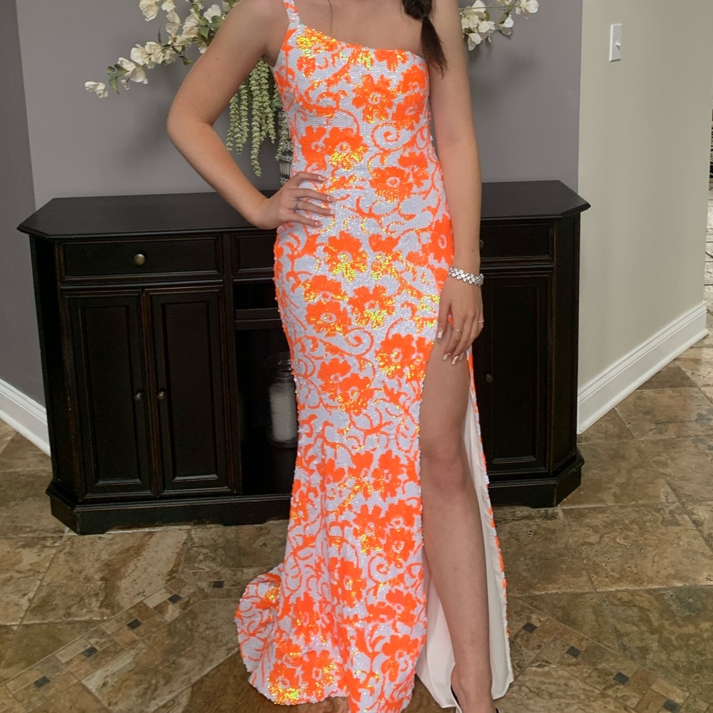 Elegant & Floral Sequins Orange and White Dress- Perfect for Prom!